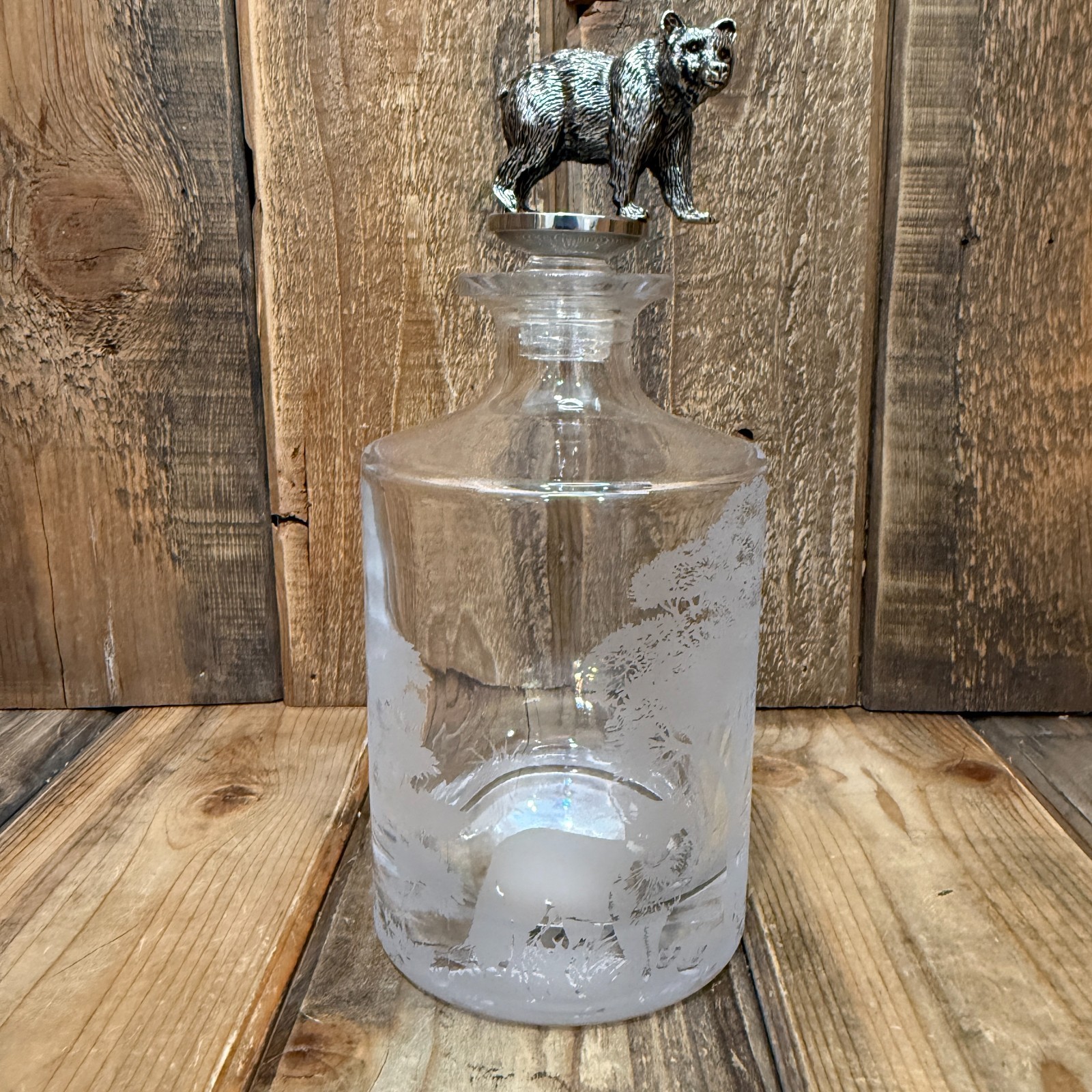 POTTERY BARN Fantastical Forest Glass Decanter 4.5" X 10" ~ BEAR, FOX, QUAIL