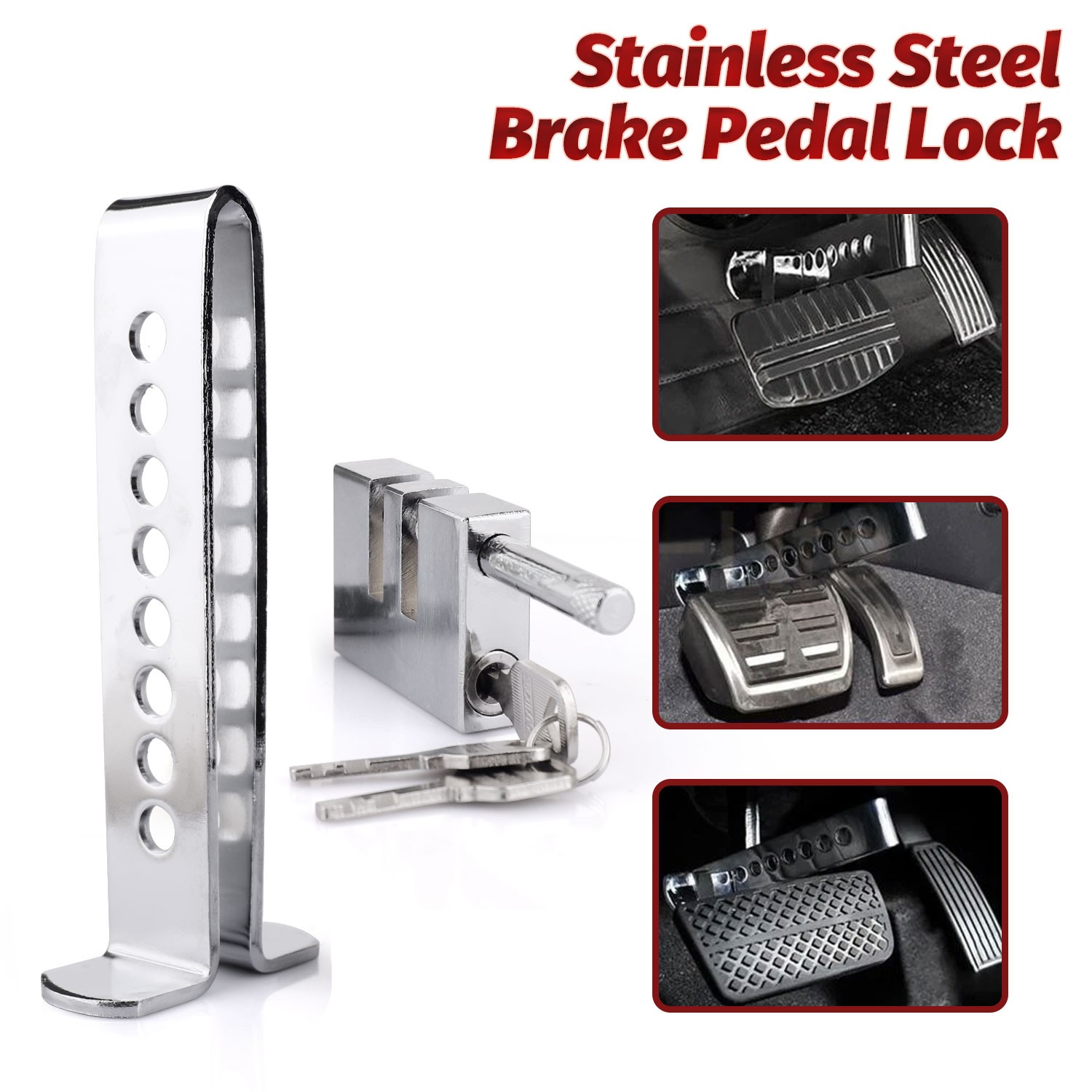 Stainless Steel Brake Pedal Lock Security Car Auto Clutch Lock Anti-theft W/3Key