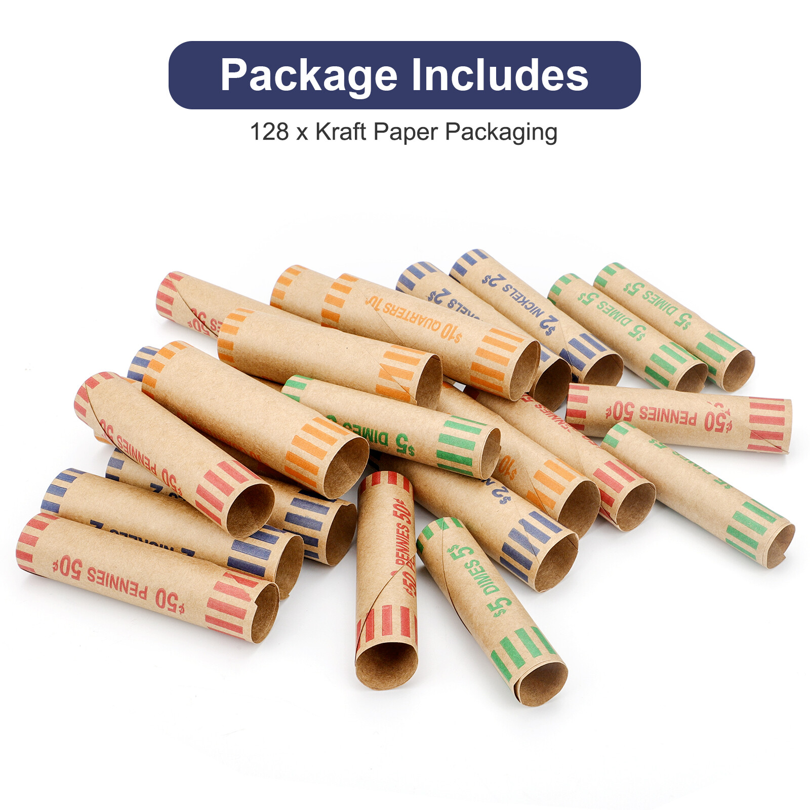 128pcs Assorted Preformed Coin Wrappers Rolls, Change Paper Rolls Wrapping Tubes