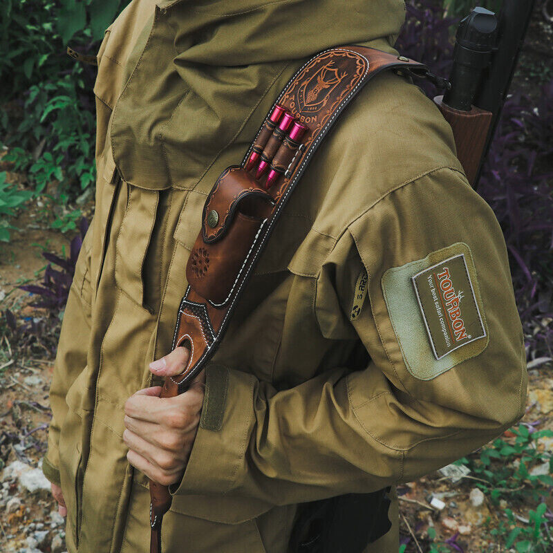 Tourbon Retro Leather Rifle Sling Gun Ammo Carrying Strap w/Knife Sheath Pocket