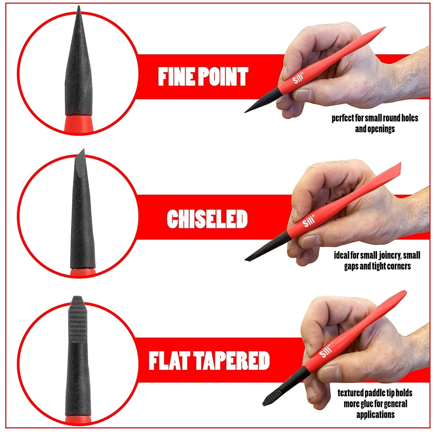 Sili Micro Glue Brush Applicator 3 Pack. Fine, Chiseled, and Flat Tapered Tips