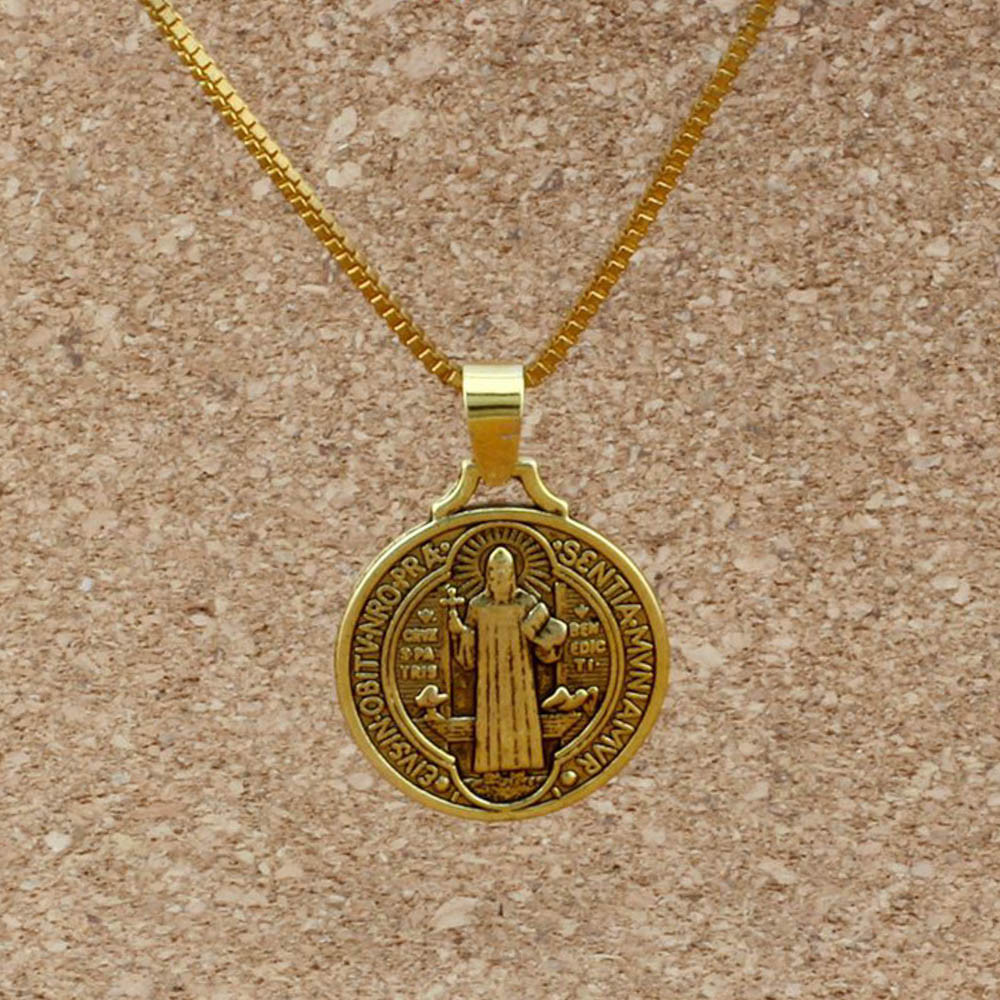 Gold Jesus Crucifix Saint St Benedict Medal Cross Pendant Necklace 24" Box Chain