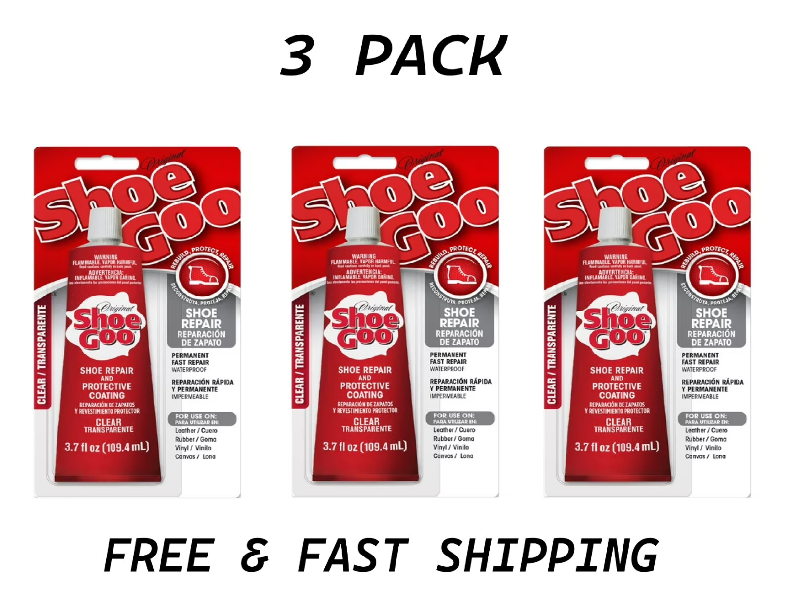 (3 Pack) Eclectic Shoe Goo Adhesive Glue, Shoe Repair, Clear, 110010, 3.7 fl. oz