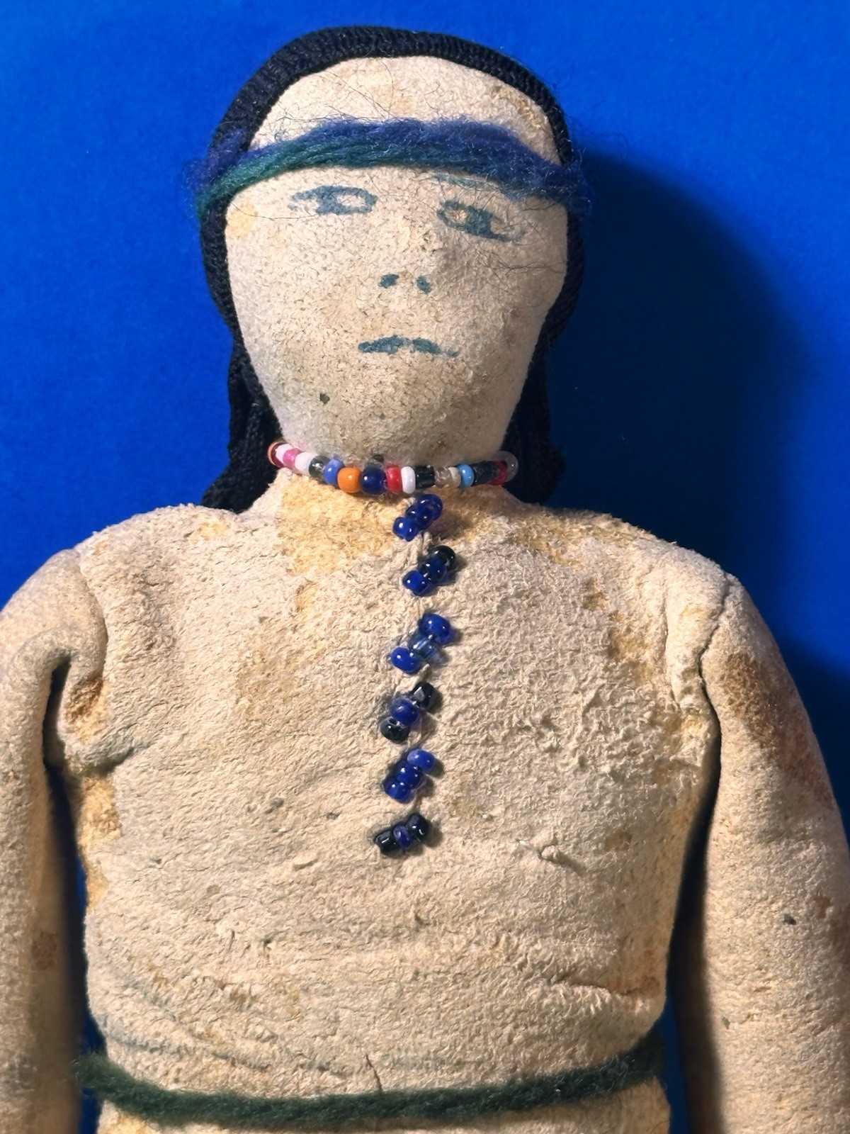 RARE 19th Century Antique Native Plain’s Indian Fringe Beaded Hide Doll Ink Face
