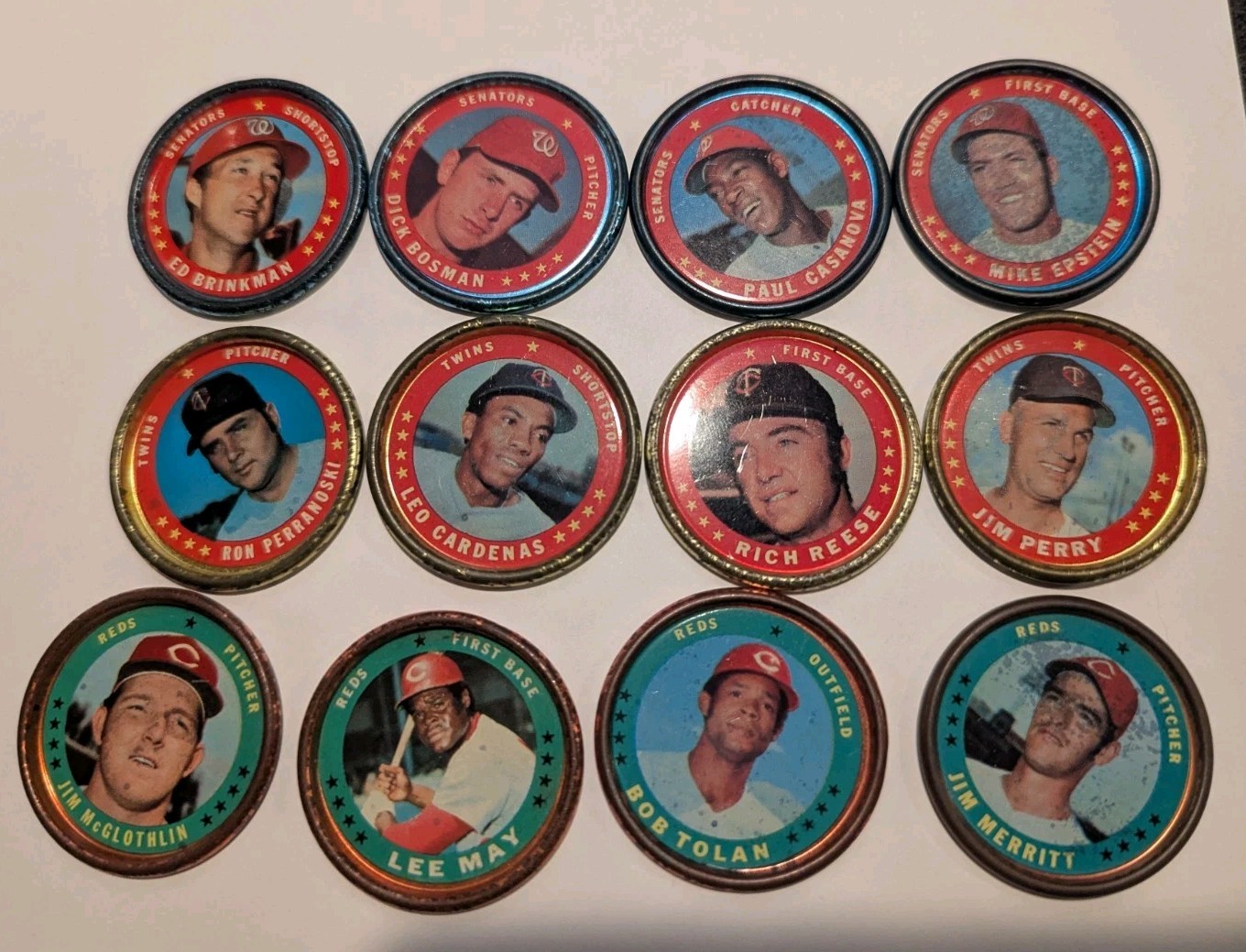 1971 Topps Baseball Lot Of 12 Coins Reds Senators Twins