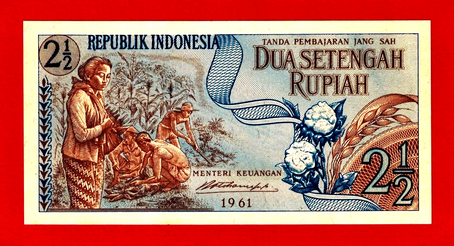INDONESIA TWO & 1/2 RUPIAH 1961 UNC Note - Sign: R. M. Notohamiprodjo (Pick 79a)