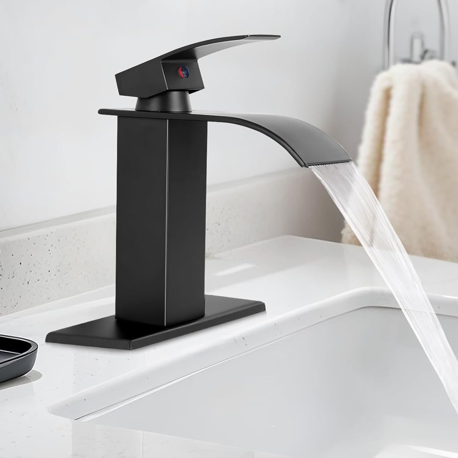 Black Modern Waterfall Bathroom Sink Vanity Faucet Single Handle Taps with Drain