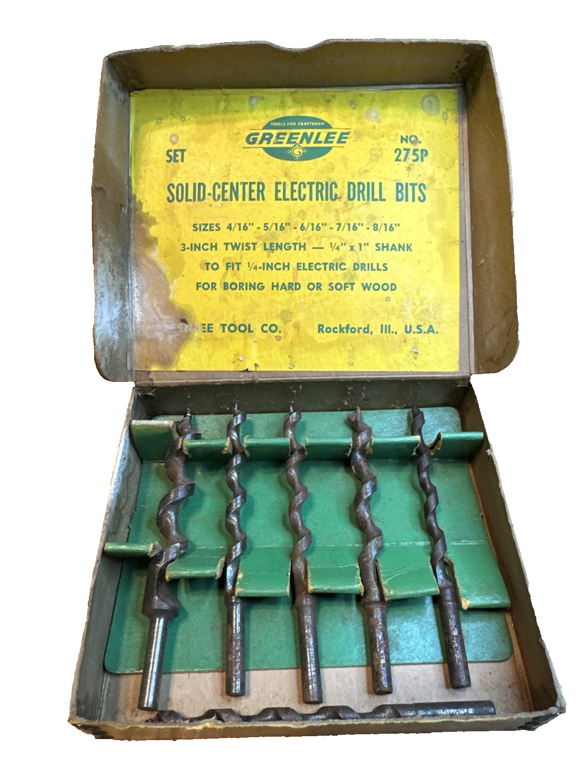 Vintage Greenlee 275P Solid Center Electric Boring Drill Bits Set w/ Orig Box