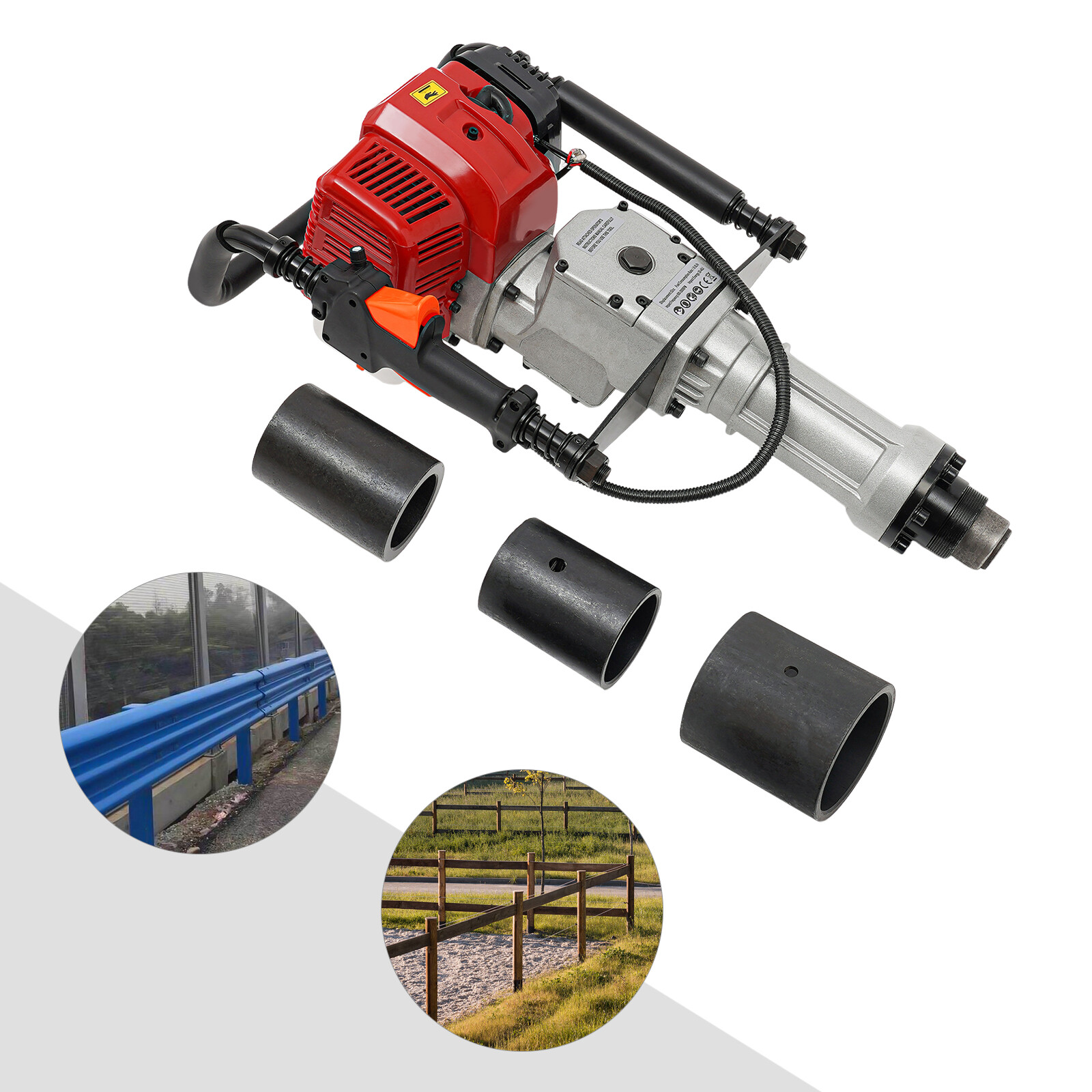 52CC 2.3HP Gas Powered T Post Driver Fence Pile Driver Pounder Toolkit w/3 Heads