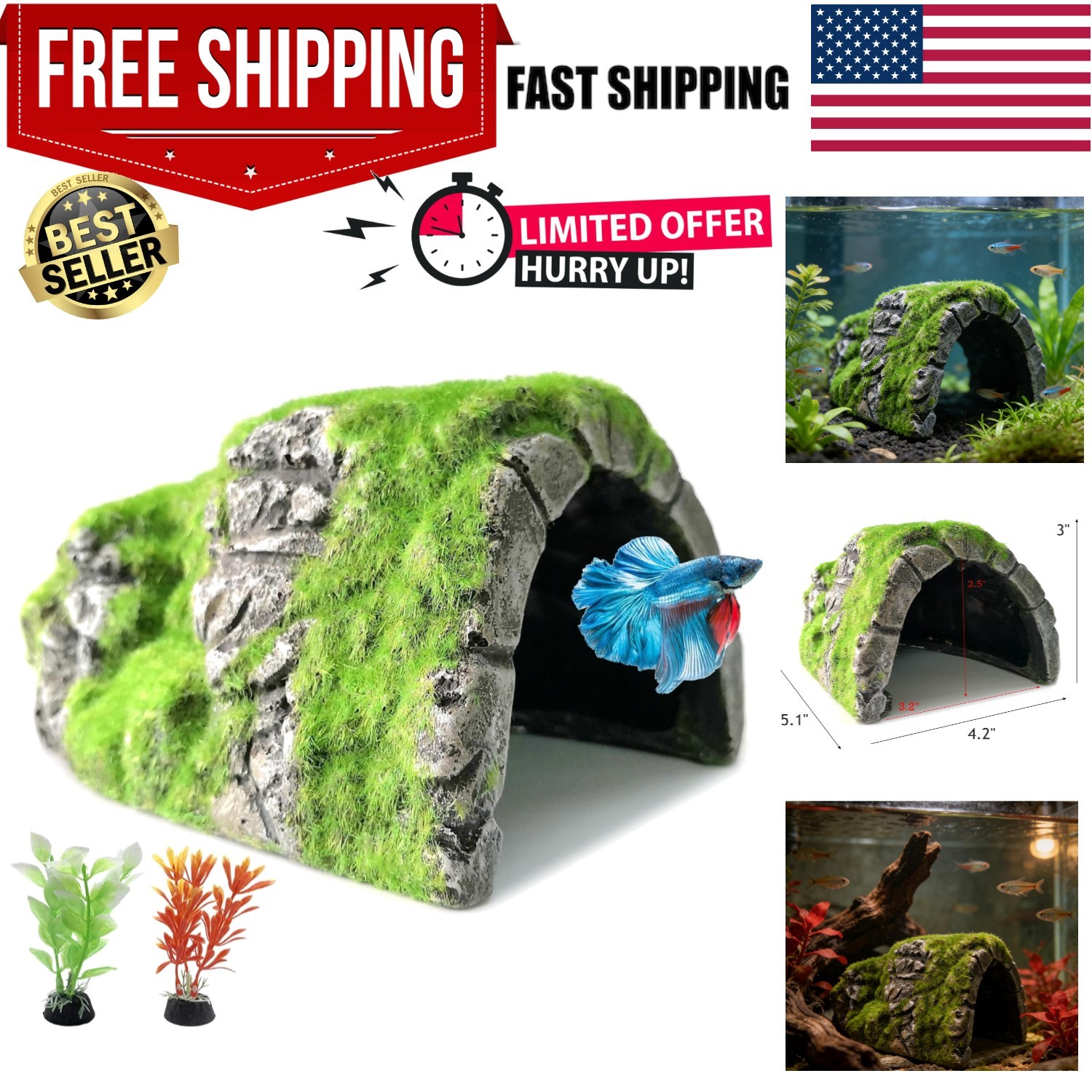 Eco-Friendly Betta Cave Fish Hideout with Lifelike Moss – Perfect for Breeding