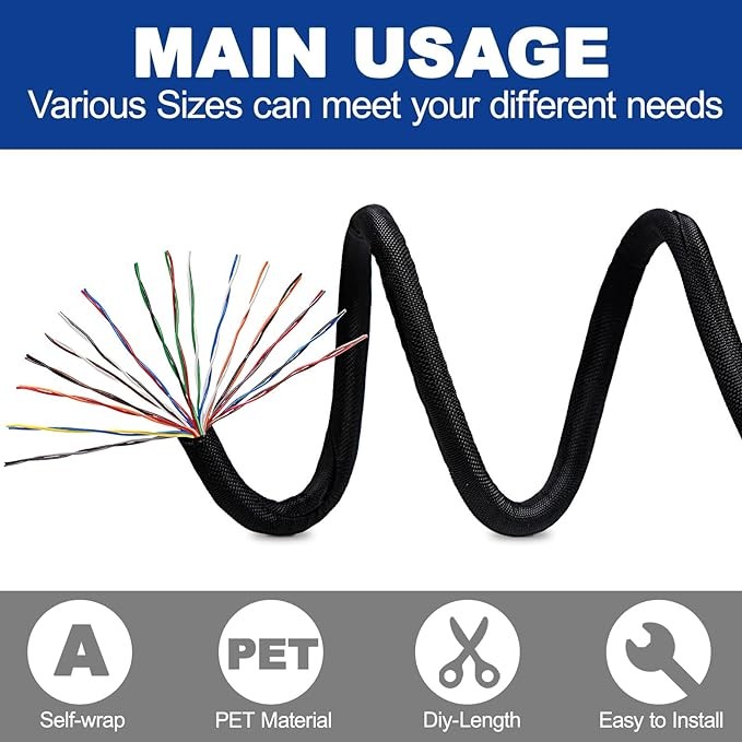 Black Split Wire Loom Braided Cable Sleeve Wires Harness Wrap Cord Protect US