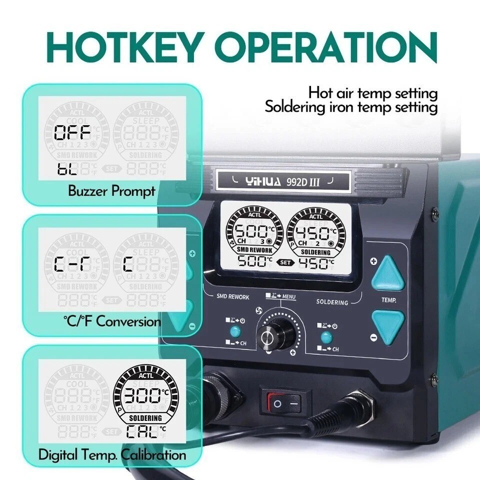 YIHUA 992D-III 2-in-1 Precision Soldering Station Digital Hot Air Rework Station