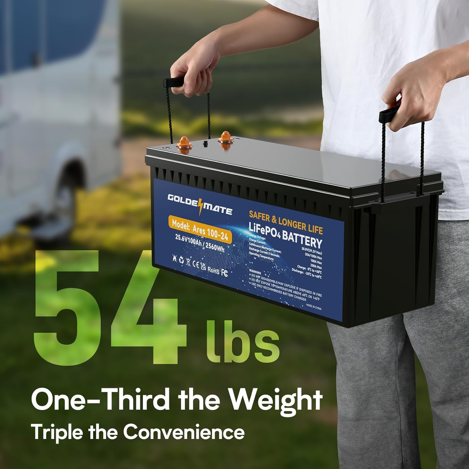 Goldenmate 24V 100Ah LiFePO4 Deep Cycle Battery with Smart BMS for Solar RV Home