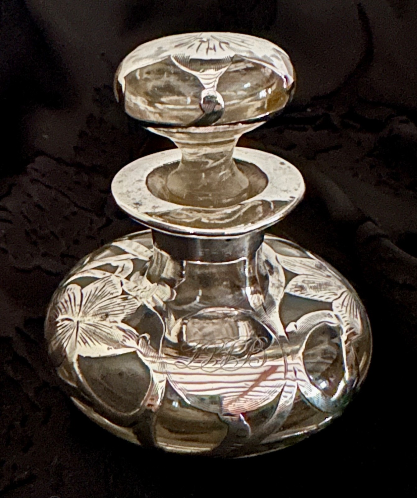 Antique Art Nouveau Sterling Silver Overlay Clear Glass Scent/Perfume Bottle