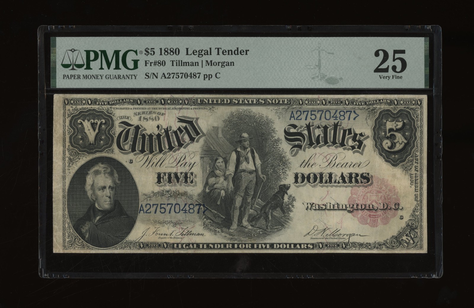 DBR 1880 $5 Legal Tender Fr. 80 PMG 25 Serial A27570487