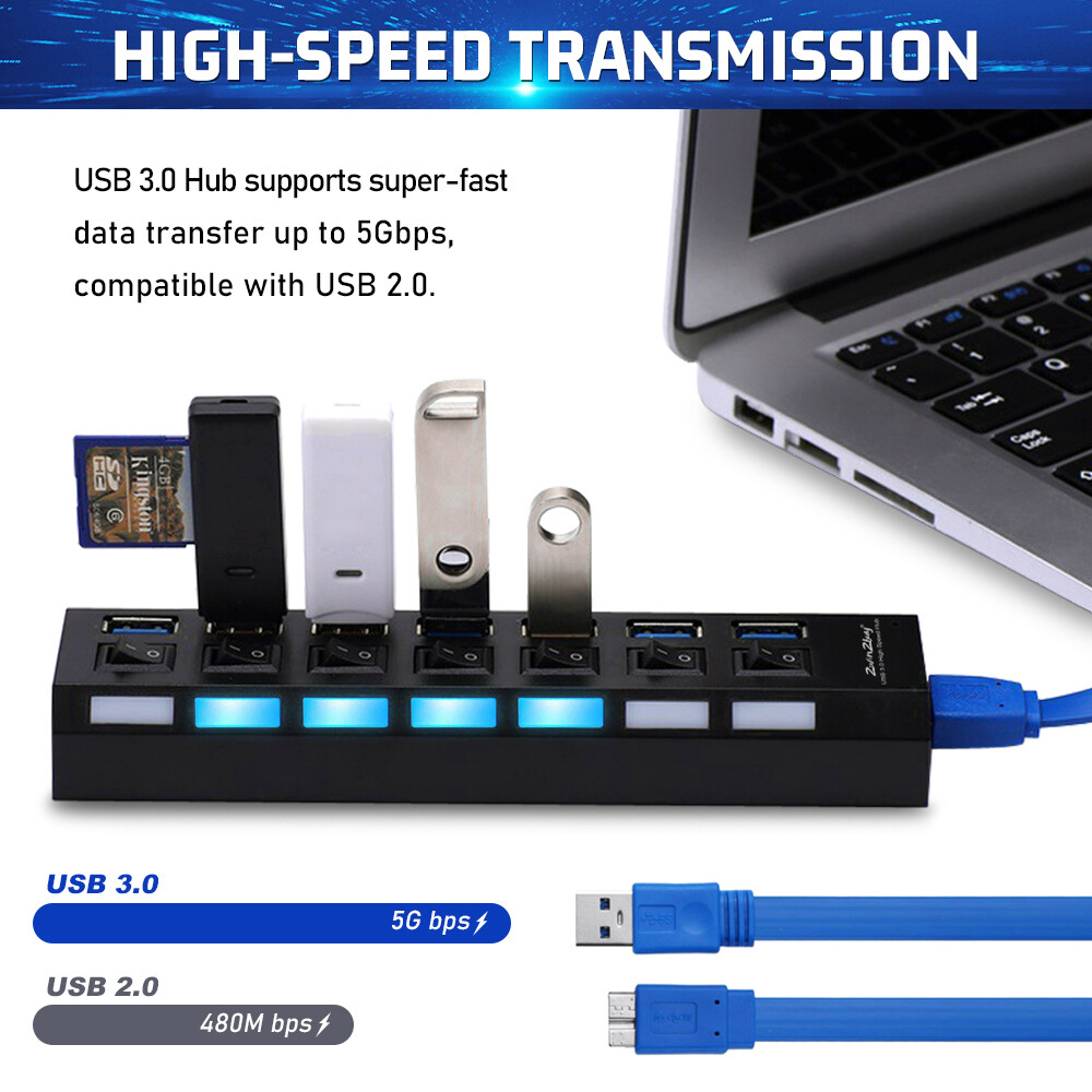 USB 3.0 Hub 7 Port On/Off Switch High Speed Splitter AC Adapter Cable PC Laptop