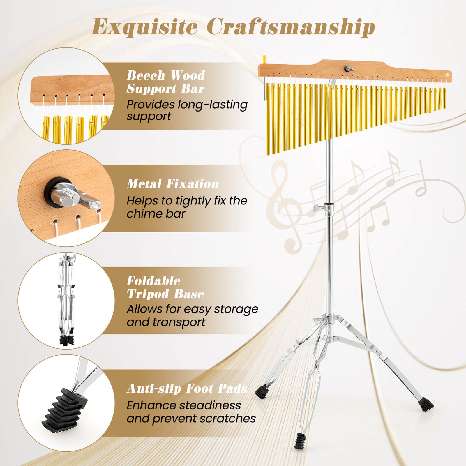36-Bar Chimes Percussion Instrument w/Foldable & Adjustable Stand, Portable Bag