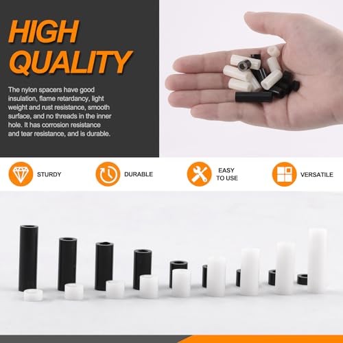 180Pcs 9 Sizes M4 Nylon Round Spacer Standoff Assortment Kit M4 - Black + White