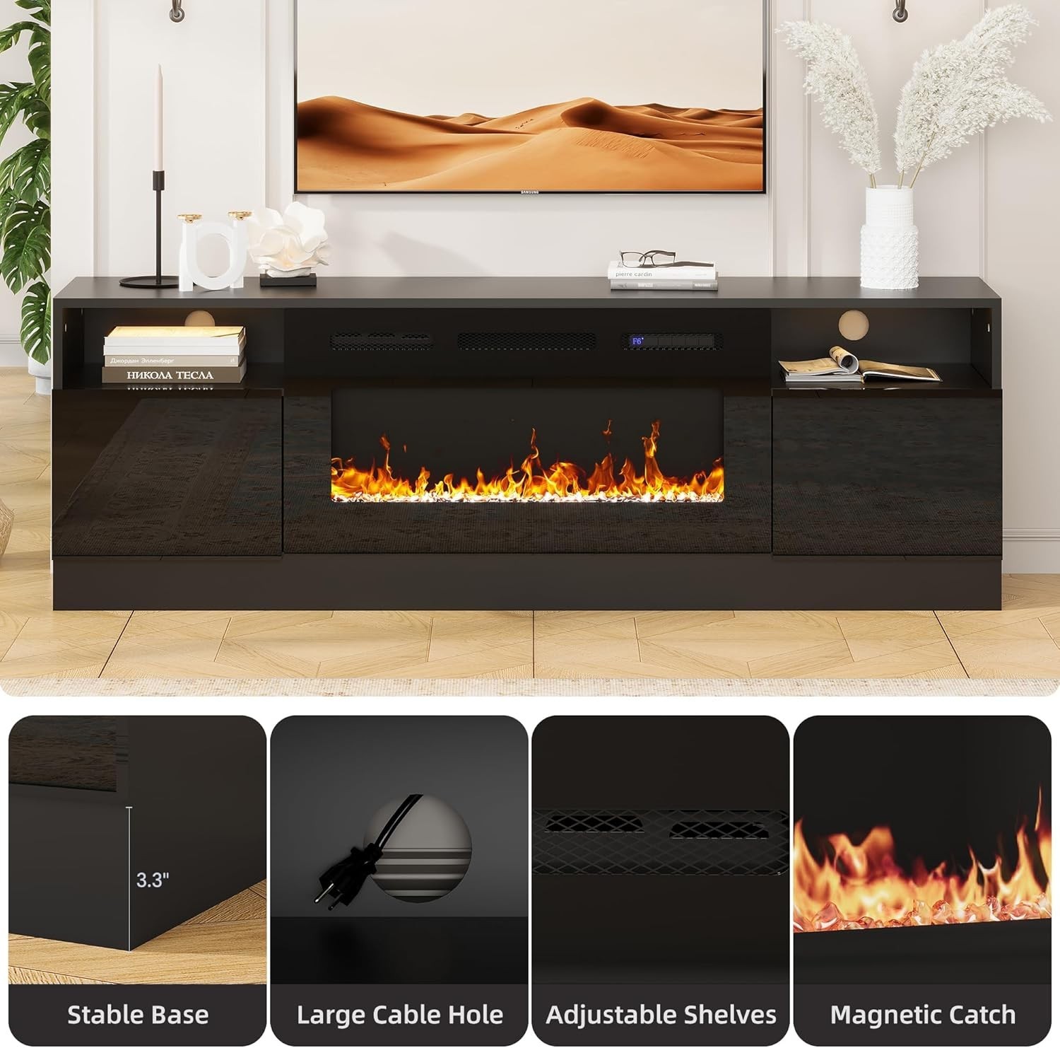 70" Fireplace TV Stand for 80 inch TVs with 36" Electric Fireplace
