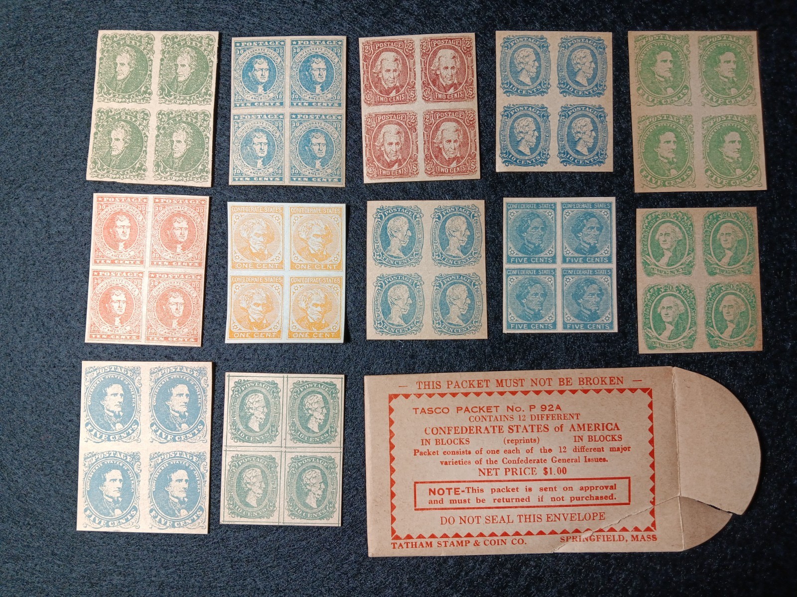 CONFEDERATE FACSIMILE/REPLICA STAMPS 12 DIFFERENT BLOCKS OF 4 W/TATHAM  ENVELOPE