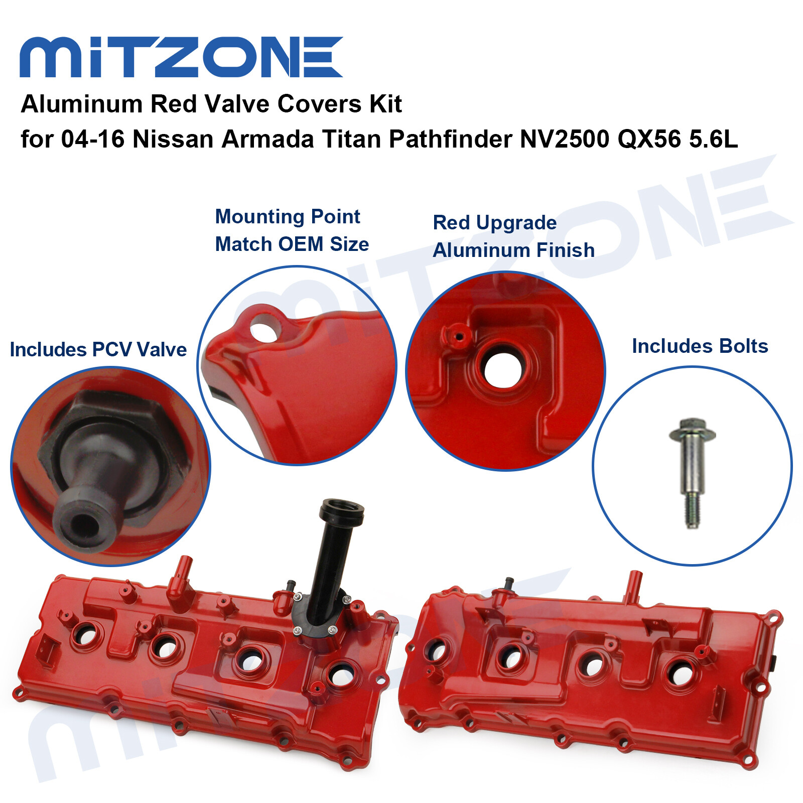 Aluminum Red Valve Covers Kit for 04-16 Nissan Armada Titan Pathfinder QX56 5.6L