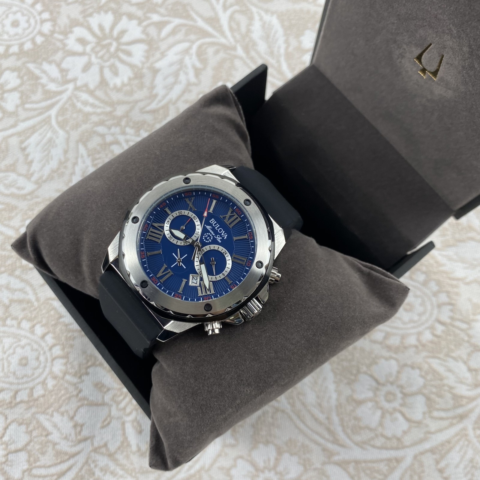 Bulova Marine Star 98B258 Automatic Blue Dial Black Rubber Strap Men's Watch