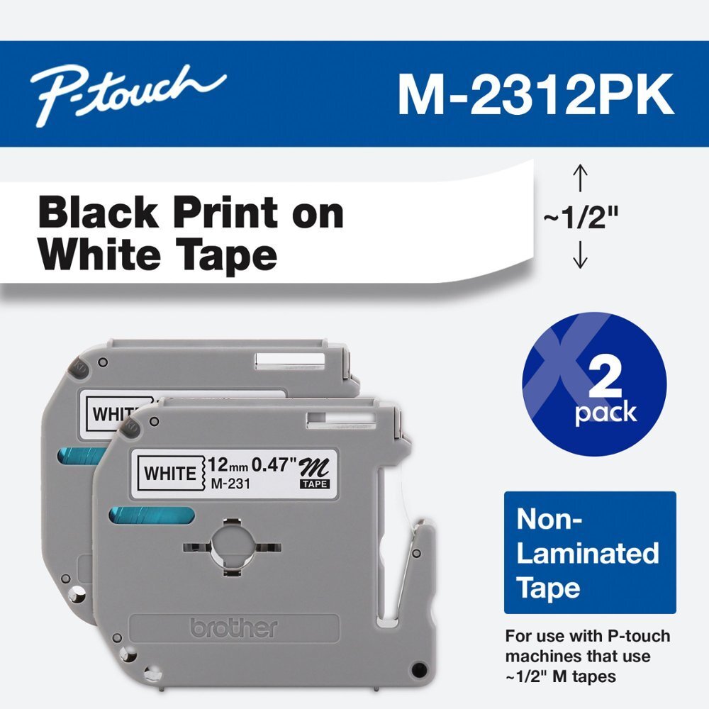 2 Pack Brother P-Touch M-Tape Tape 1/2 inch BLACK on WHITE for Label Maker M231