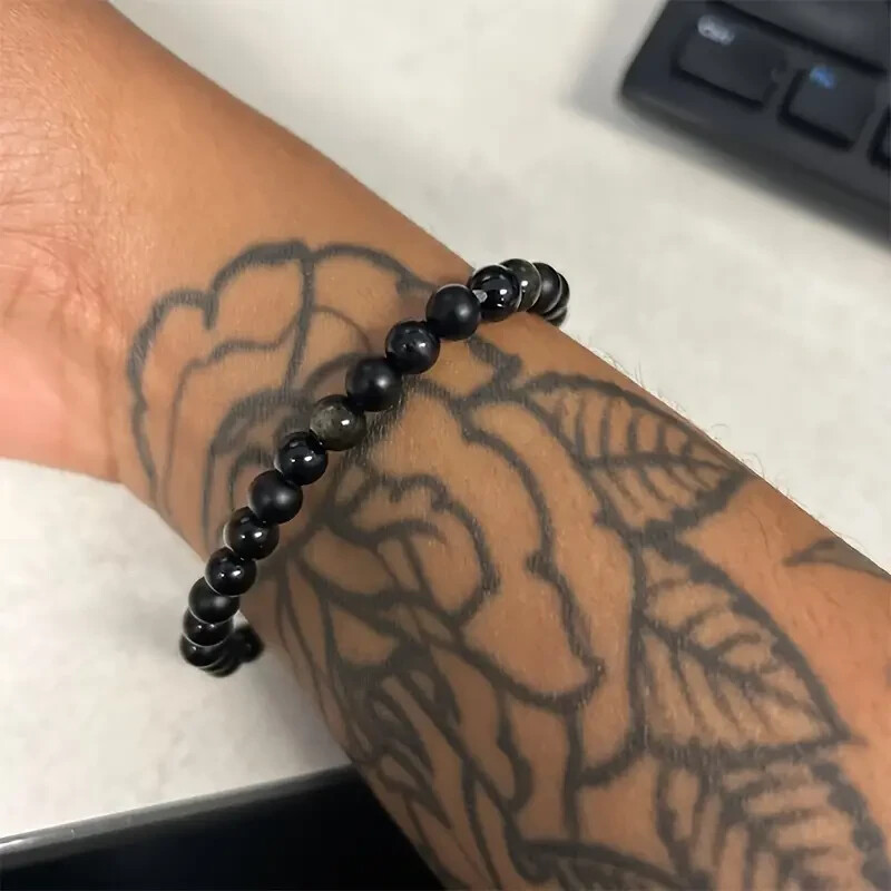 Black Tourmaline Obsidian Onyx Beads Triple Protection Bracelet