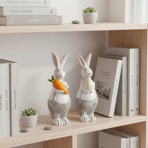 Resin Easter Bunny Decor, Adorable Mini Bunny Figurine with Carrot and Overalls