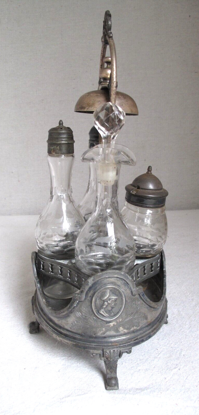 Antique SP Reed & Barton Cruet Castor Set Bell 4 Cut Glass Etched Bottles