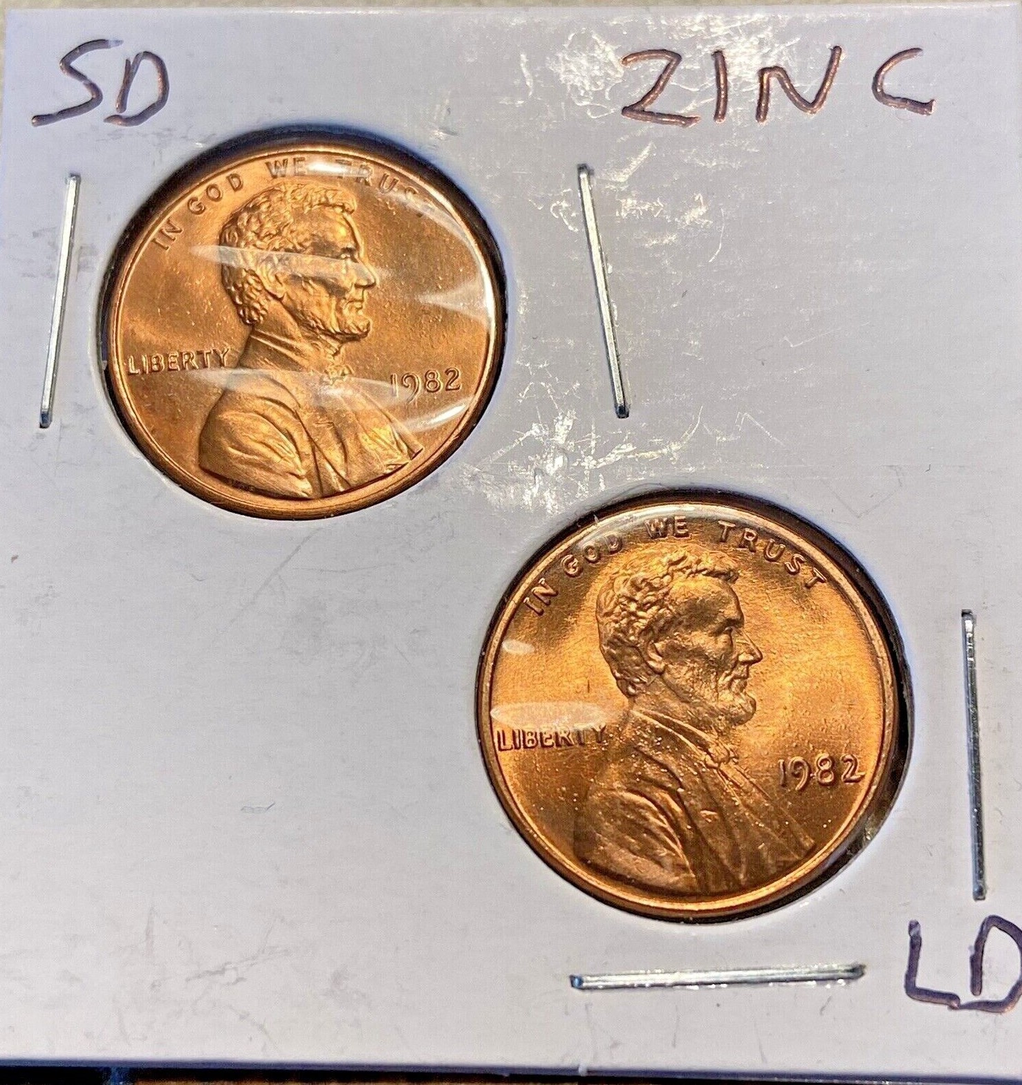 1982 P D Lincoln Cent Uncirculated 7 Coin Variety Set Small & Large Copper &Zinc