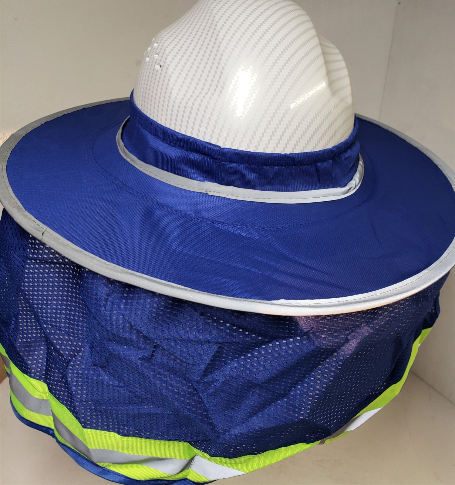 BLUE Hard Hat Sun Shade Visor Full Brim Mesh Neck HI VIS REFLECTIVE STRIPE