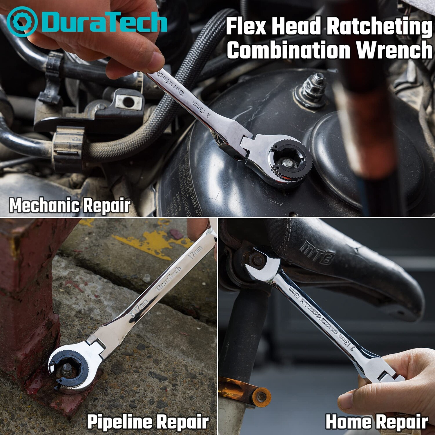 DURATECH 6-Pieces Open Flex-head Ratcheting Wrench Set 10-17mm Tubing Wrench Set