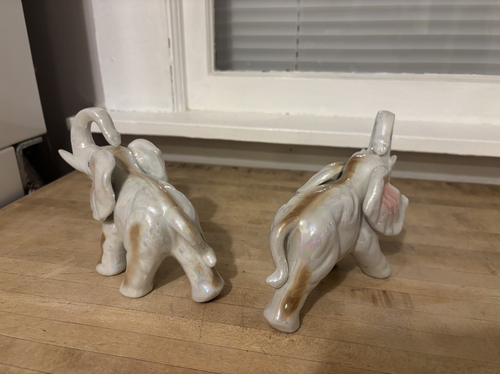 Vtg Lustreware Elephant Figurine 1950's Trunk Up LusterWare Gray & Pink MCM set