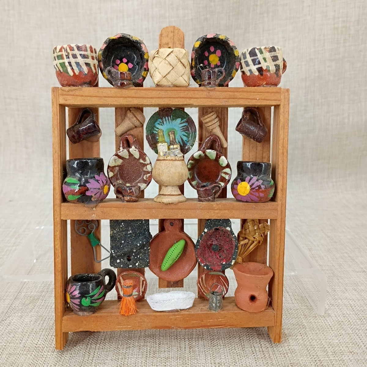 Mexican Kitchen Trasterito Trastero Wall Shelf 3 Tier Wooden w/ Miniature Clay