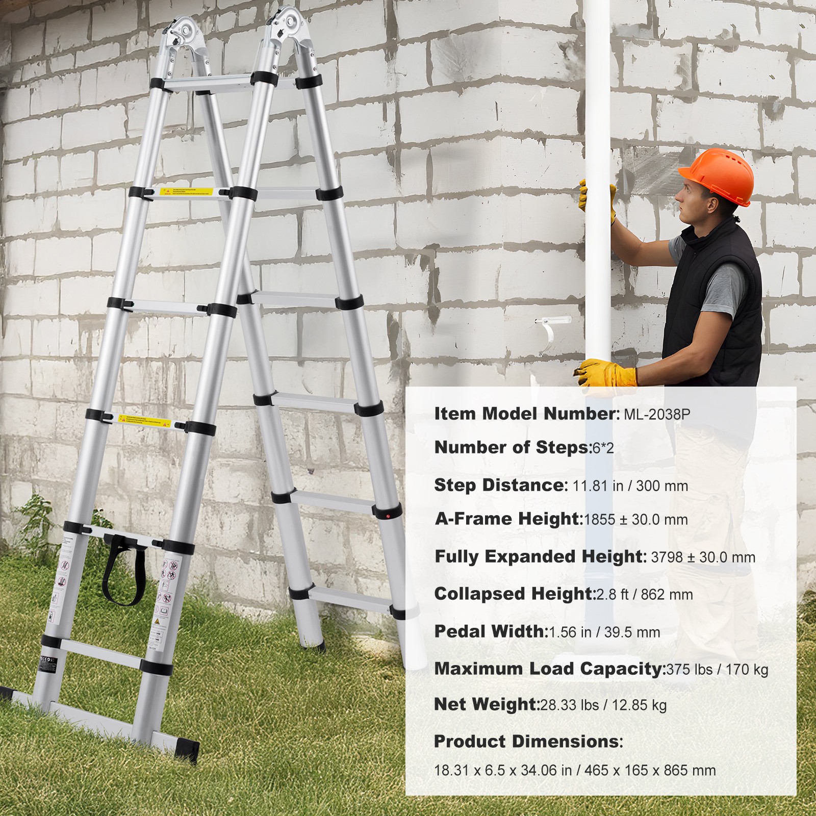 Uimoso 12.5FT A-Frame Aluminum Telescopic Ladder with Stabilizer Bar for RV Use