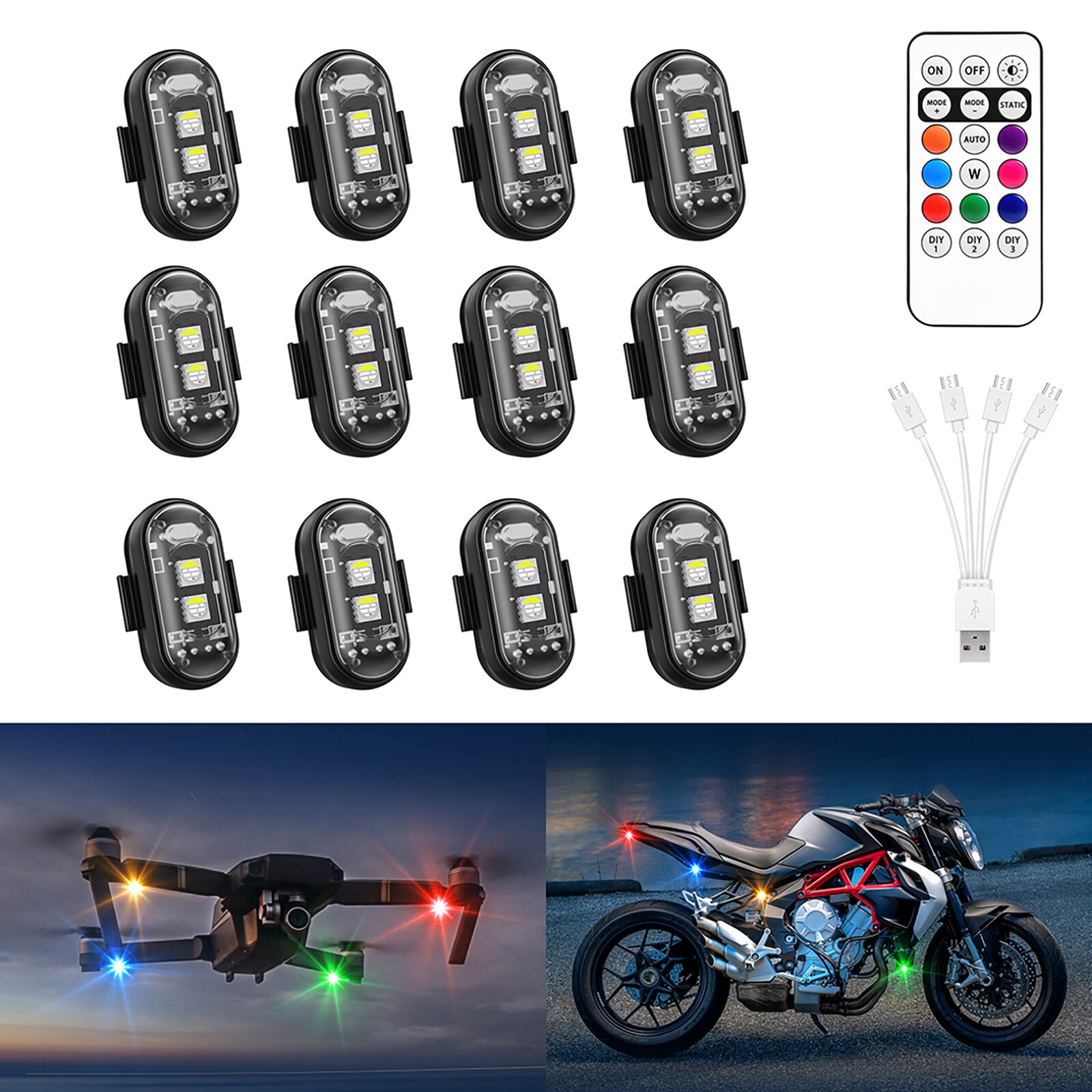 12PCS Wireless LED Strobe Lights 8 Colors USB Rechargeable Anti-Collision Lamps