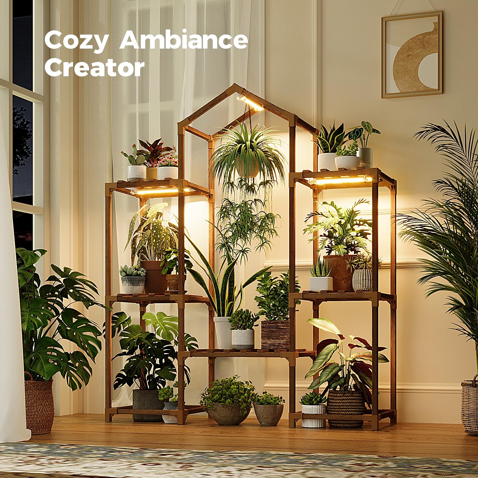 Indoor Plant Stand with Grow Lights Wooden Shelf for Hanging Flower Pots