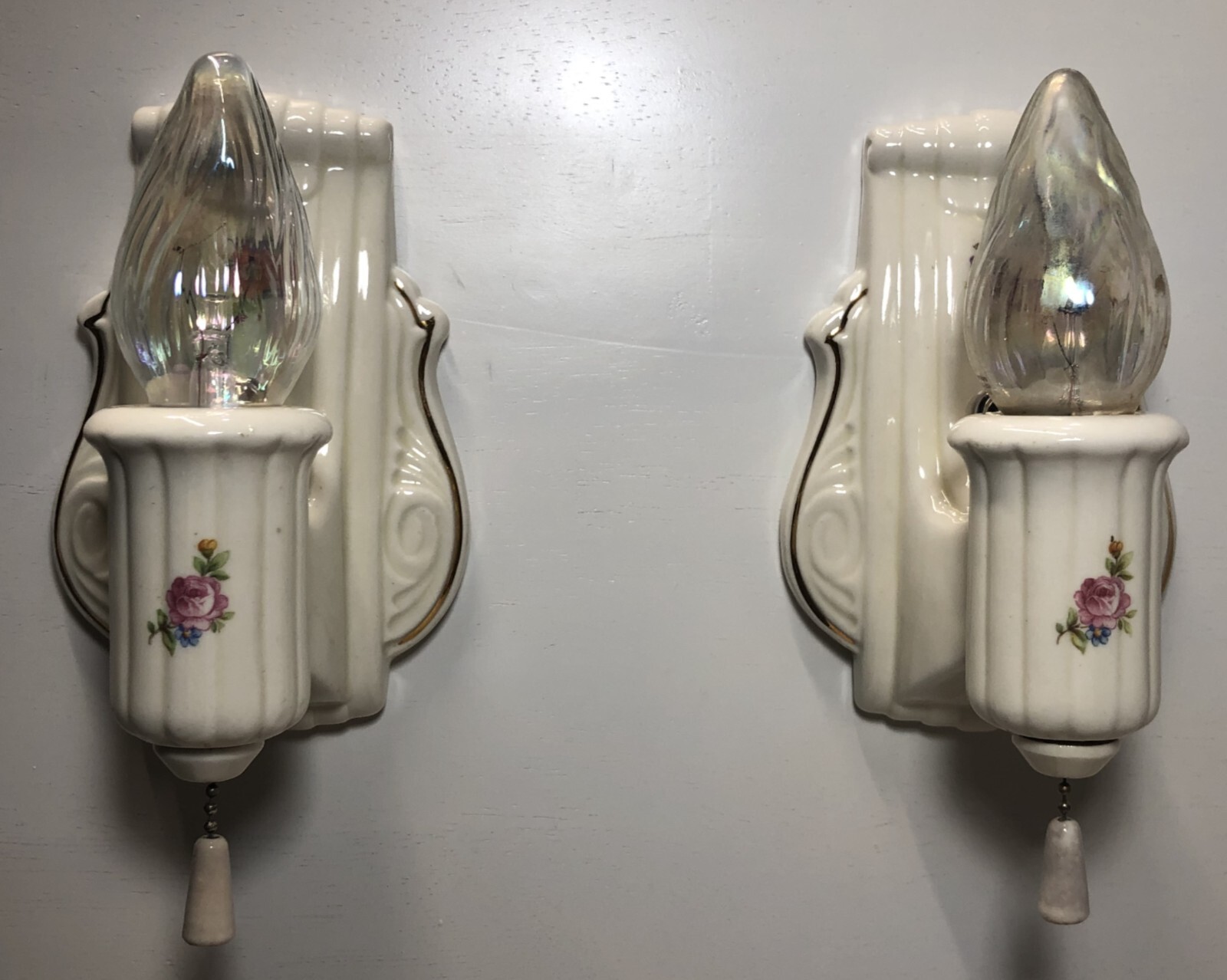 Porcelain Wall Sconce Pair Vtg Ceramic Light Fixture Flower Gold Art USA #i29