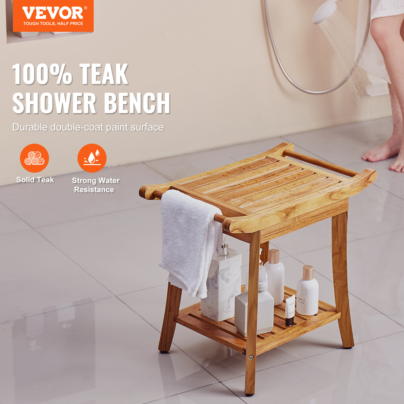 VEVOR Teak Shower Bench Wood Shower Stool Chair for Bathroom