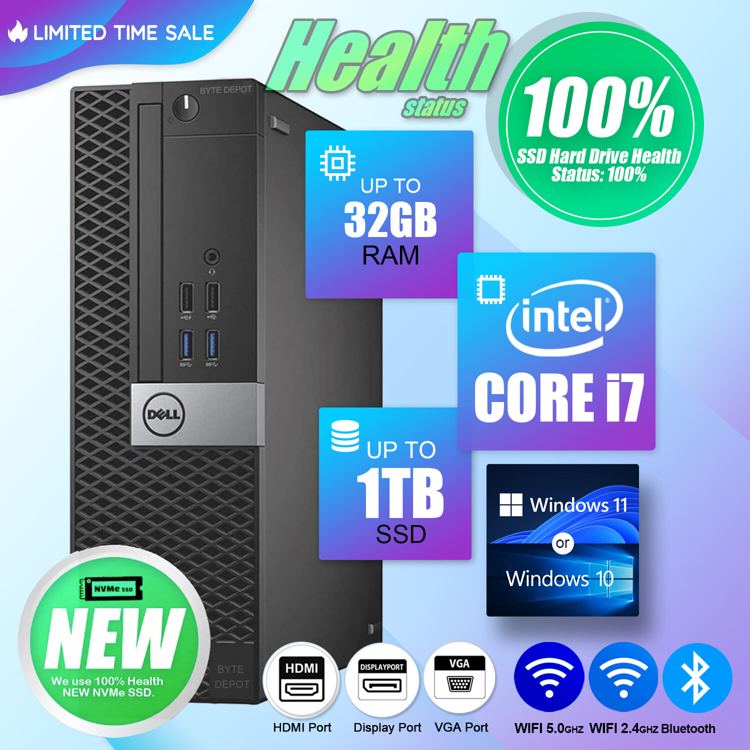 DELL Desktop Computer PC i7,up to 32GB RAM, 1TB m.2 SSD, Windows 11 or 10, WiFi