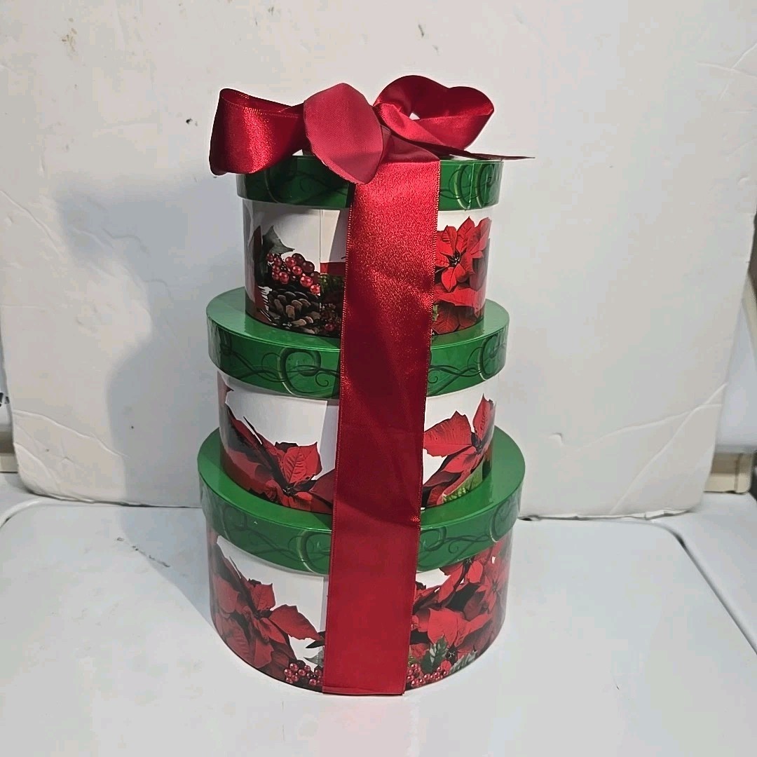3 Christmas Nesting Gift Boxes Round Pointsettia Stackable Boxes Red Ribbon Tie