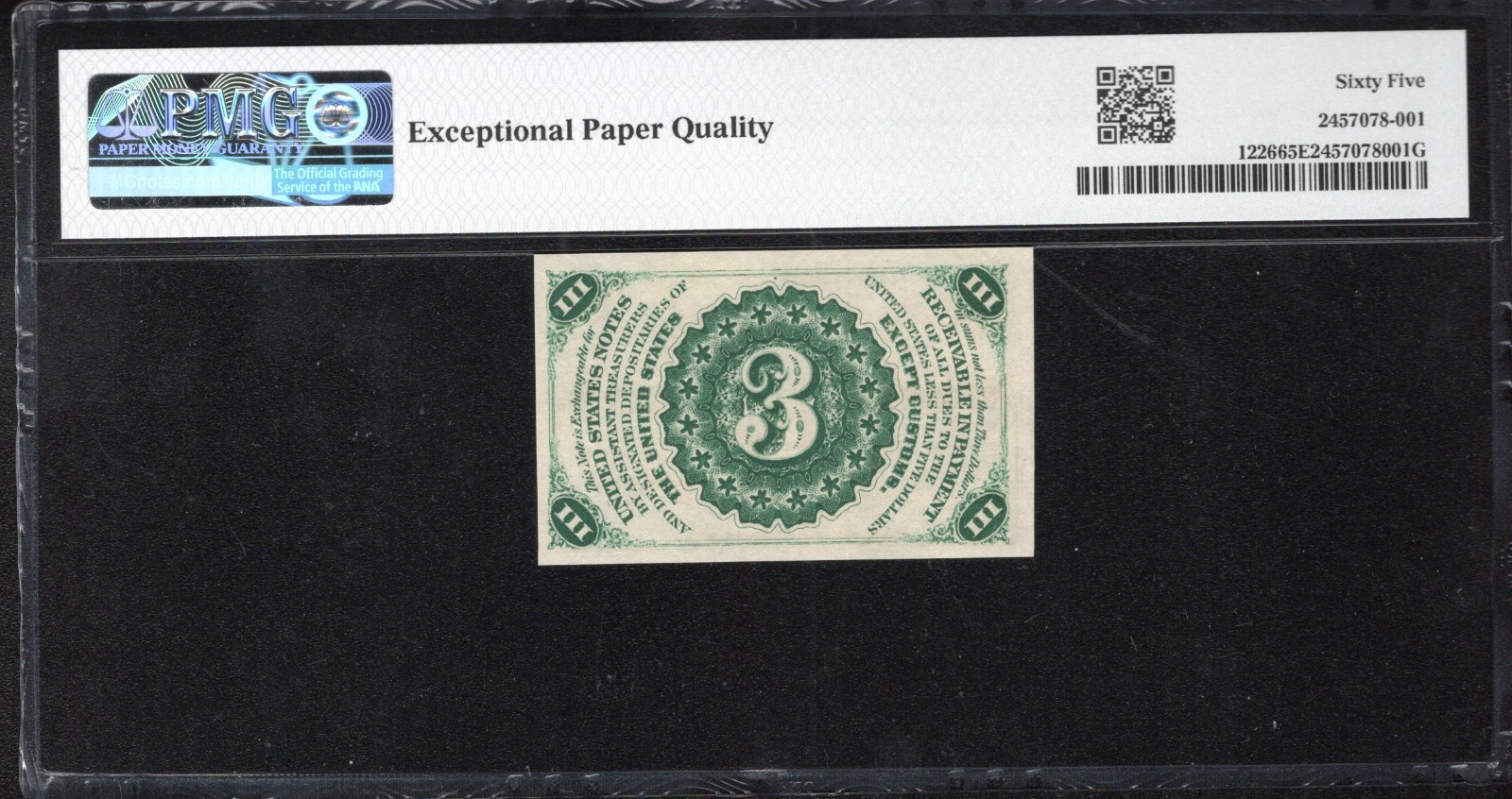 3rd Third Issue 3c Fractional Currency PMG 65 EPQ Fr 1226 Three Cent 078-001
