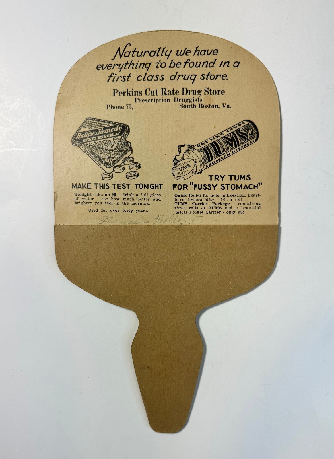 Vintage Tums and Nature's Remedy Advertising Fan. South Boston, VA