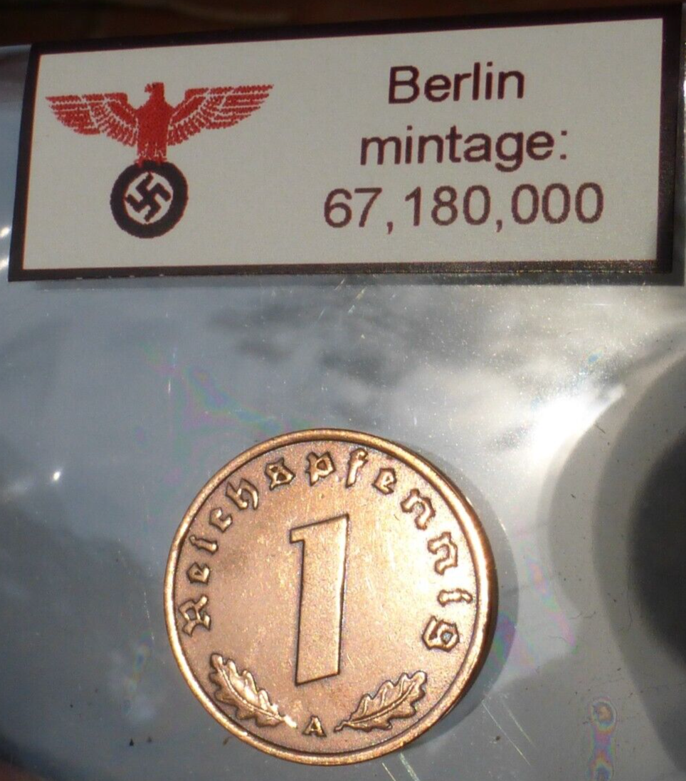 Nazi Bronze Coin - 1 Reichspfennig Third Reich Eagle Swastika Labeled WW2 Relic