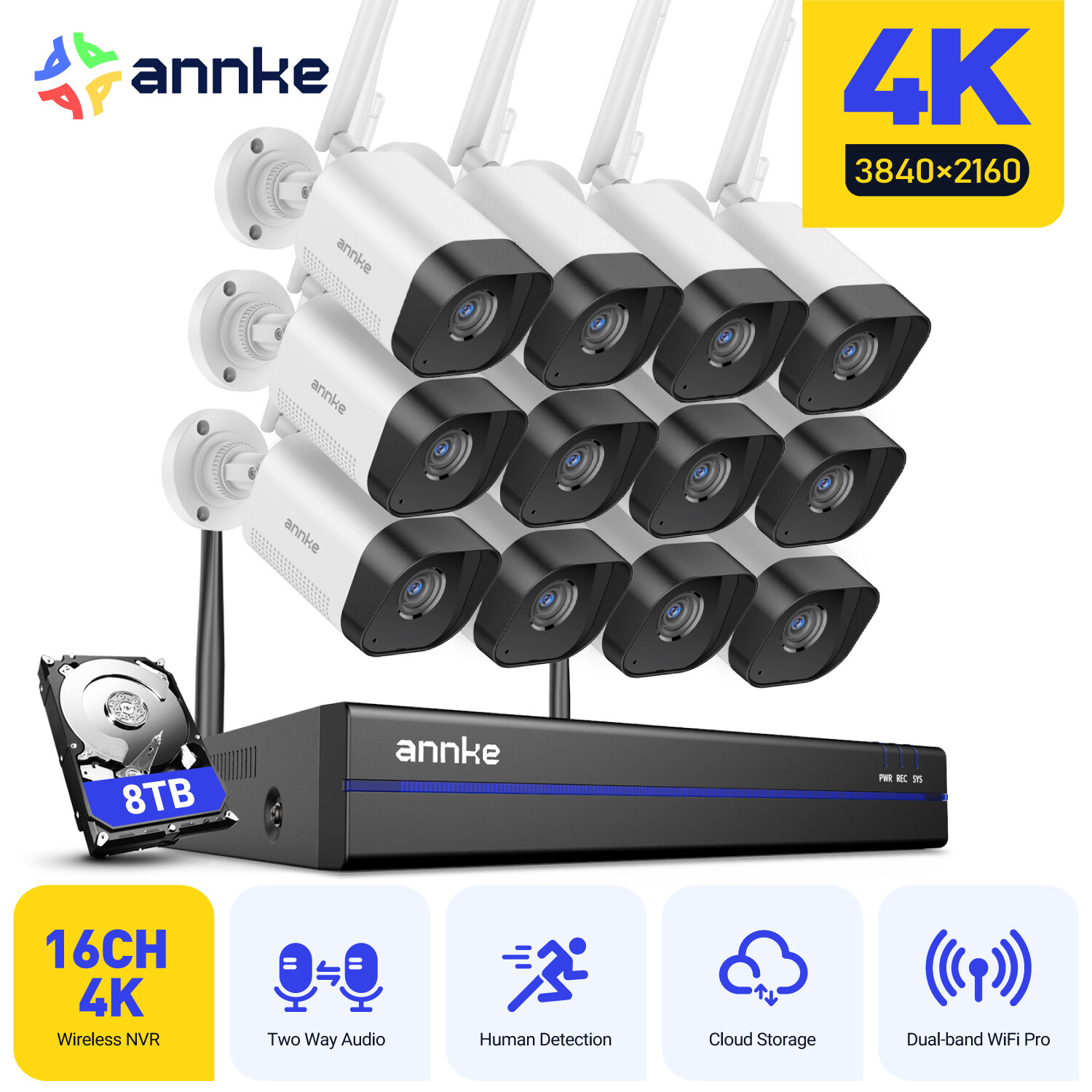 ANNKE 16CH NVR 4K Wireless Security Camera System 8MP Two Way Audio AI Detection