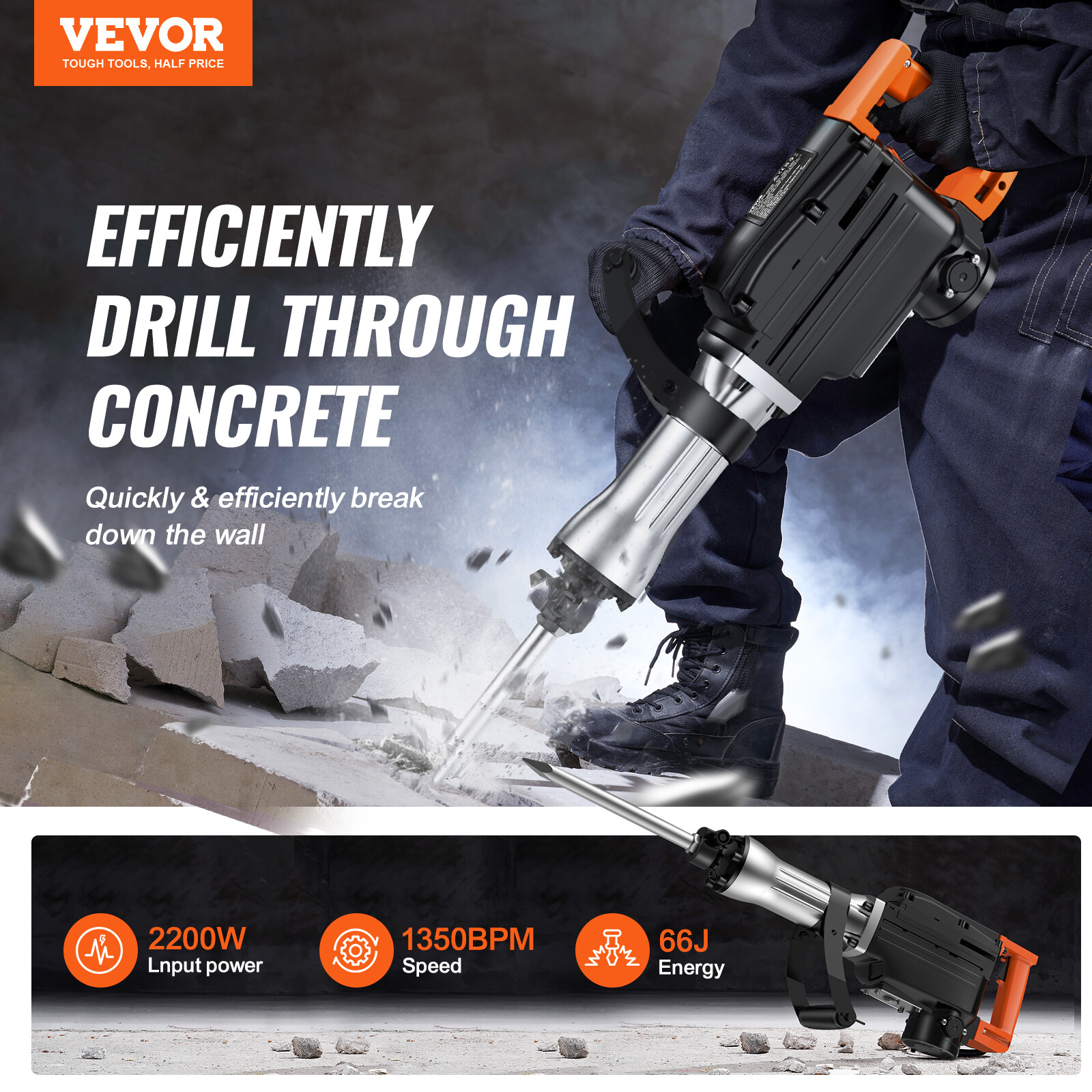VEVOR Demolition Jack Hammer Concrete Breaker 2200W Hammer 6 Chisel Bits Black