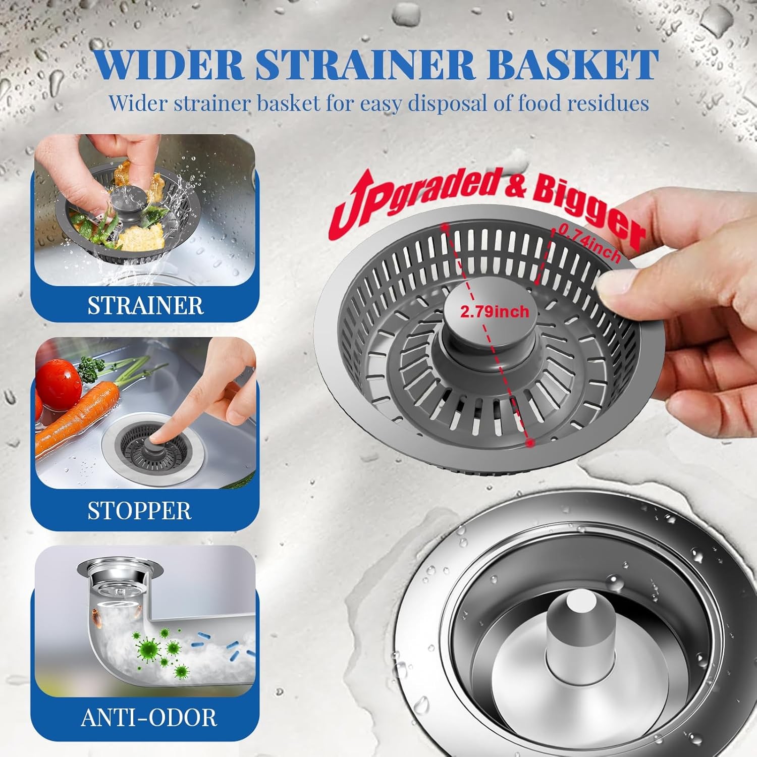 3in1 Kitchen Sink Drain Strainer & Sink Stopper,304 Stainless Sink Drain Stopper