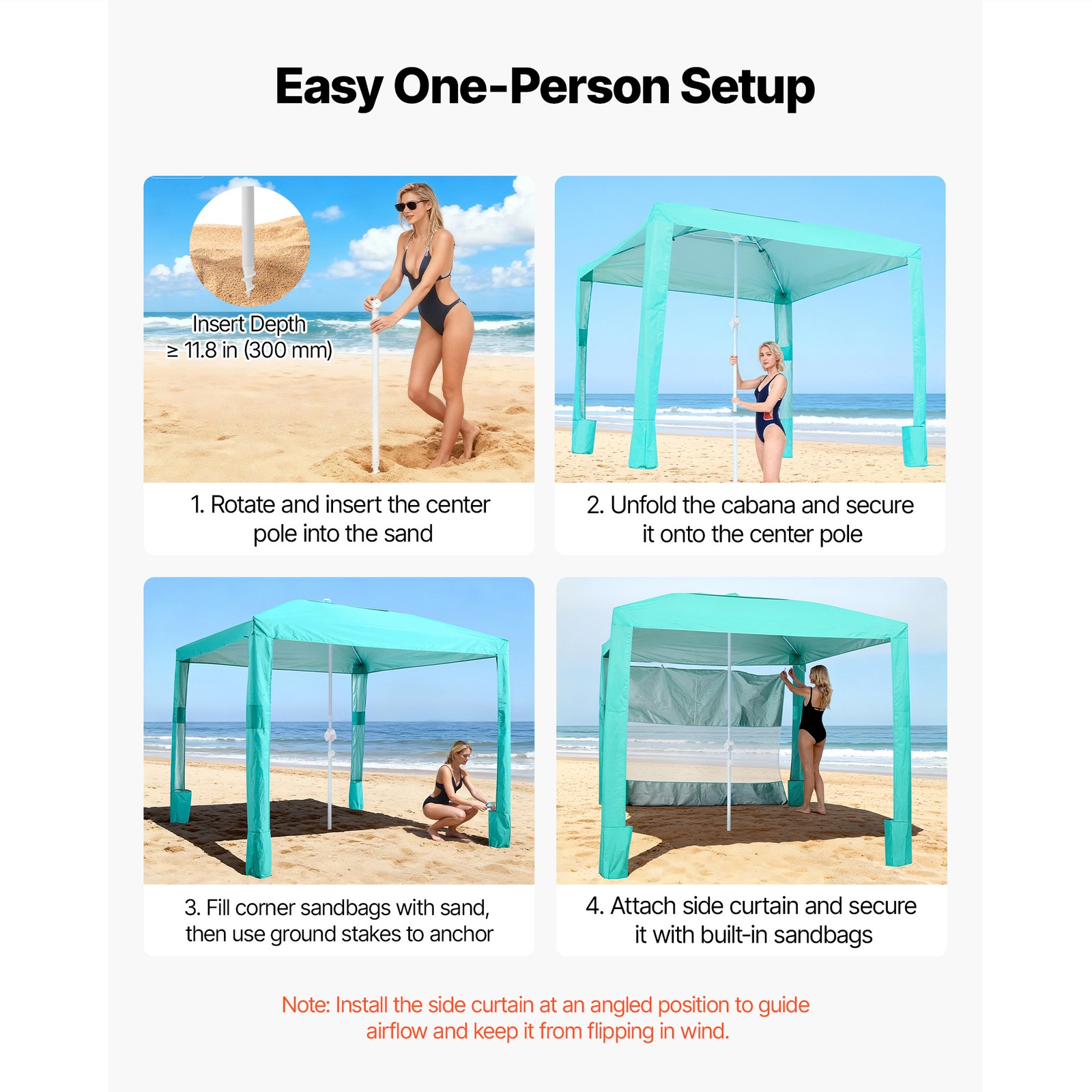 Uimoso Beach Cabana Canopy with Side Wall & Carry Bag, 8 x 8 ft, UPF 50+, Green