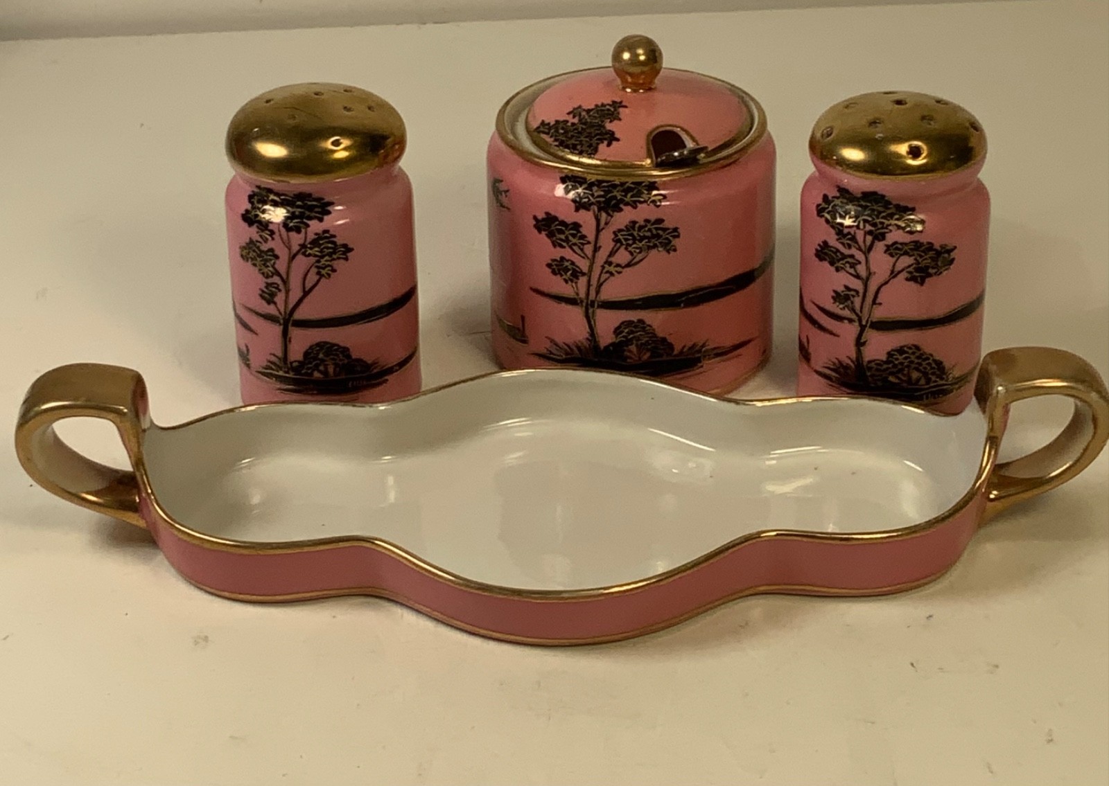 RARE Antique Noritake "M" Morimura Hand Painted Pink & Gold Comdiment Set & Tray